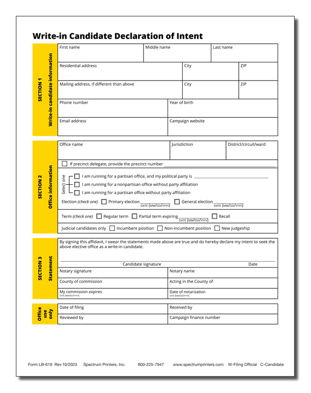 Show details for LB619 Write-in Candidate Declaration of Intent 