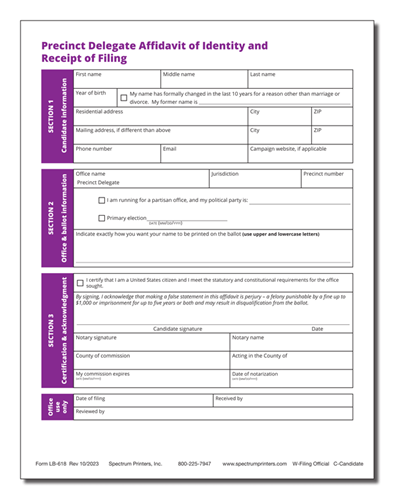 Show details for LB618 Precinct Delegate Affidavit of Identity and Receipt of Filing