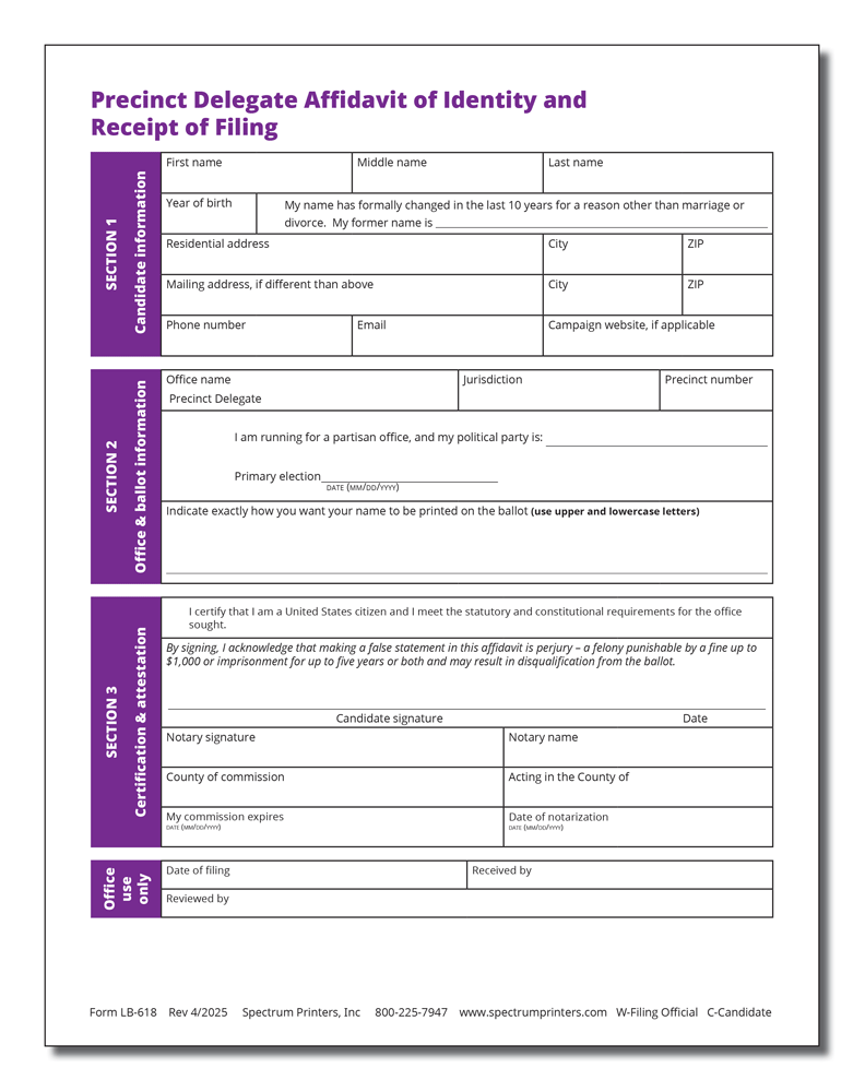 Show details for LB618 Precinct Delegate Affidavit of Identity and Receipt of Filing