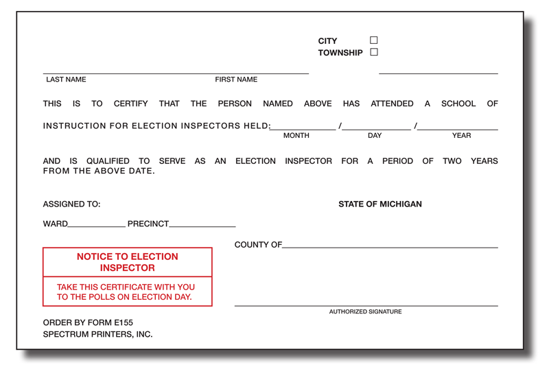 Show details for E155 Election Inspector Certificate