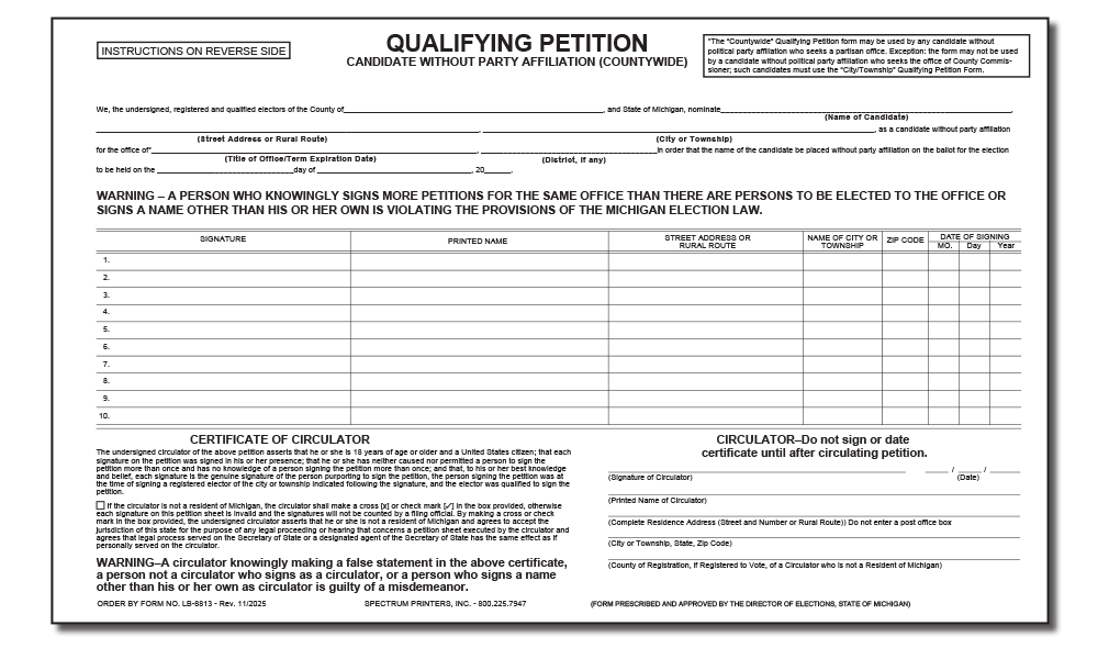 Show details for LB8813 Qualifying Petition - Candidate without Party Affiliation - Countywide